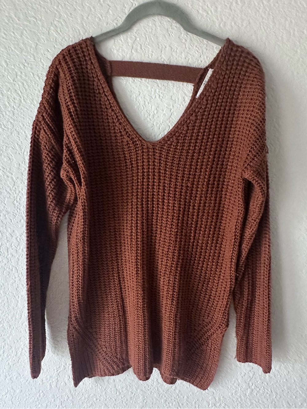 Pink Rose Rust Brown Waffle Knit V Neck Sweater Women’s Large L